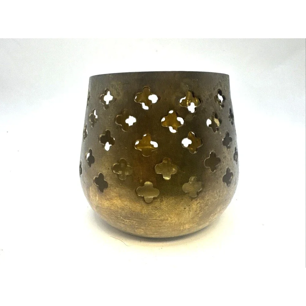 Vtg Brass Candle Holder Votive Tea Light Moroccan Pierced Cutout India